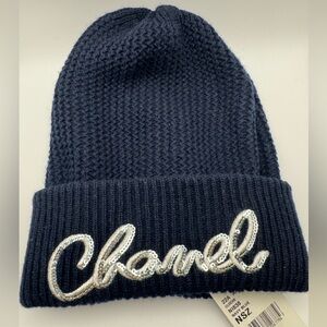 Chanel Logo Beanie cloche Cashmere with Sequins Navy Blue